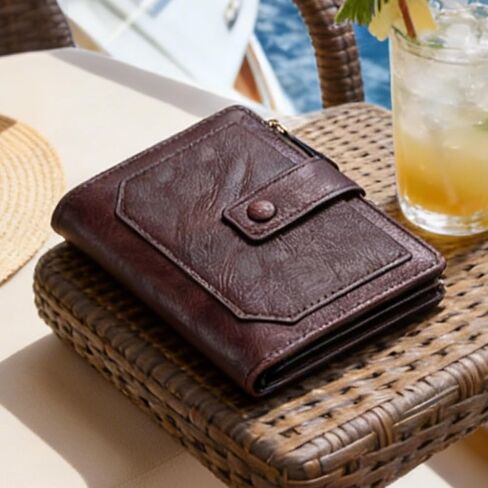 Men's Zipper Short Leather Wallet, Rich Dark Coffee Leather Organizer (Dark Coffee Brown) in Saudi Arabia
