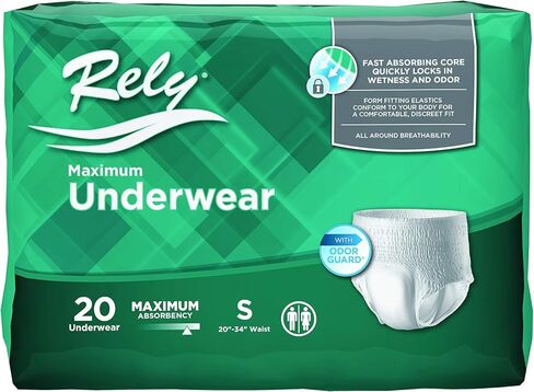 ملابس داخلية واقية قصوى من Rely®، يمكن التخلص منها، أقصى قدر من الامتصاص، صغير (20 بوصة - 31 بوصة)، 80 قطعة in Saudi Arabia