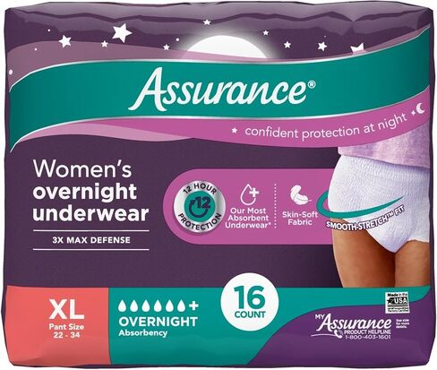 ملابس داخلية نسائية لسلس البول أثناء الليل من Assurance، مقاس XL، قدرة امتصاص فائقة - ملابس داخلية كبيرة جدًا للاستعمال مرة واحدة بعد الولادة (16 قطعة) in Saudi Arabia