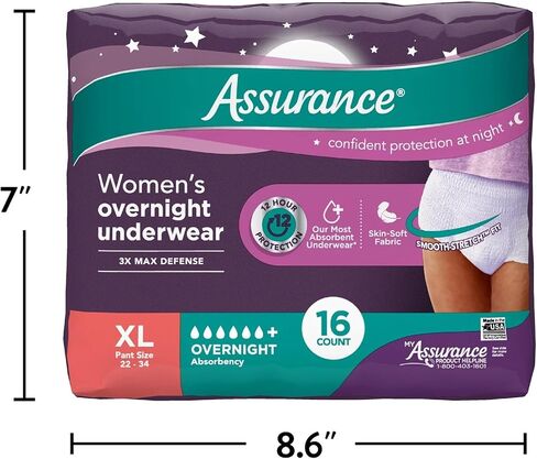 ملابس داخلية نسائية لسلس البول أثناء الليل من Assurance، مقاس XL، قدرة امتصاص فائقة - ملابس داخلية كبيرة جدًا للاستعمال مرة واحدة بعد الولادة (16 قطعة) in Saudi Arabia