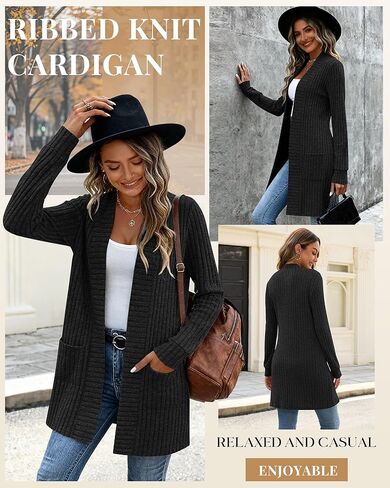 Women's Long Cardigan Sweater with Patch Pockets, Open Front Long Sleeve Lightweight Loose Ribbed Knit Coatigan in Saudi Arabia