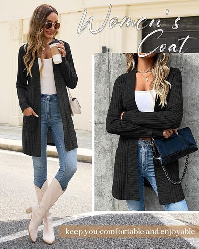 Women's Long Cardigan Sweater with Patch Pockets, Open Front Long Sleeve Lightweight Loose Ribbed Knit Coatigan in Saudi Arabia