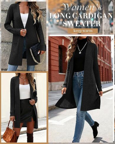 Women's Long Cardigan Sweater with Patch Pockets, Open Front Long Sleeve Lightweight Loose Ribbed Knit Coatigan in Saudi Arabia