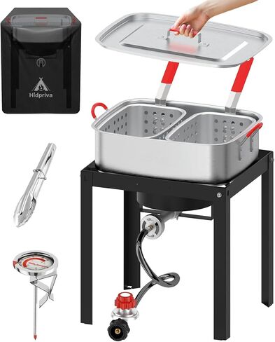 10QT ألومنيوم أسماك مقلاة مع سلة | مقلاة عميقة مع غطاء | مقياس الحرارة | مقلاة ملقط ومقبض قبضة سهلة لطهي المأكولات البحرية | البطاطس المقلية | أجنحة الدجاج in Kuwait