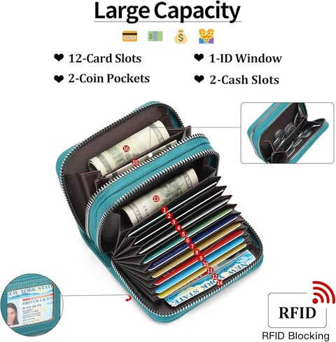 محفظة حامل بطاقات الائتمان RFID محفظة جلدية صغيرة للنساء، سحاب مزدوج قابل للطي مع نافذة لبطاقة الهوية، للاستخدام اليومي والهدايا (أزرق بحيرة) in Saudi Arabia
