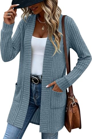 Women's Long Cardigan Sweater with Patch Pockets, Open Front Long Sleeve Lightweight Loose Ribbed Knit Coatigan in Saudi Arabia