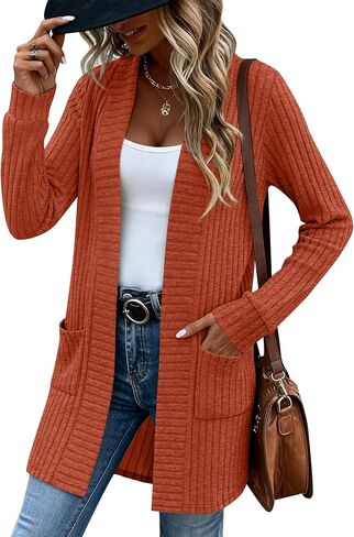 Women's Long Cardigan Sweater with Patch Pockets, Open Front Long Sleeve Lightweight Loose Ribbed Knit Coatigan in Saudi Arabia