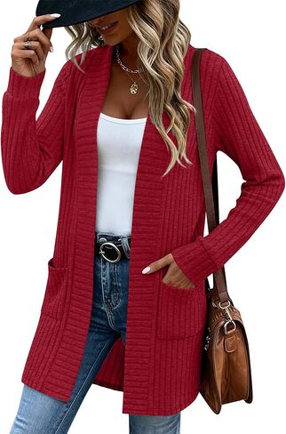 Women's Long Cardigan Sweater with Patch Pockets, Open Front Long Sleeve Lightweight Loose Ribbed Knit Coatigan in Saudi Arabia