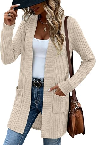 Women's Long Cardigan Sweater with Patch Pockets, Open Front Long Sleeve Lightweight Loose Ribbed Knit Coatigan in Saudi Arabia