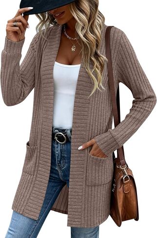 Women's Long Cardigan Sweater with Patch Pockets, Open Front Long Sleeve Lightweight Loose Ribbed Knit Coatigan in Saudi Arabia