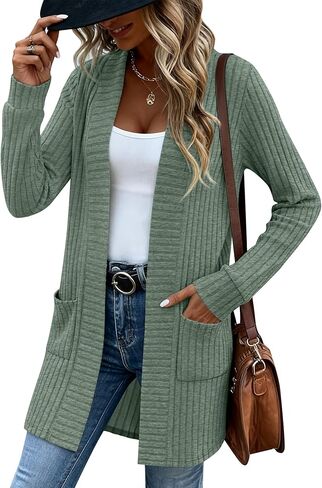 Women's Long Cardigan Sweater with Patch Pockets, Open Front Long Sleeve Lightweight Loose Ribbed Knit Coatigan in Saudi Arabia