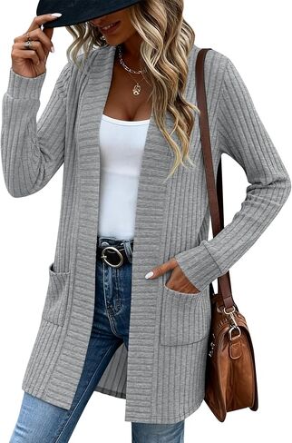 Women's Long Cardigan Sweater with Patch Pockets, Open Front Long Sleeve Lightweight Loose Ribbed Knit Coatigan in Saudi Arabia