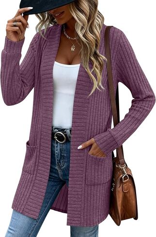 Women's Long Cardigan Sweater with Patch Pockets, Open Front Long Sleeve Lightweight Loose Ribbed Knit Coatigan in Saudi Arabia