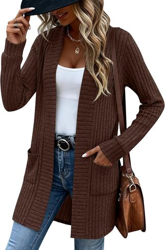 Women's Long Cardigan Sweater with Patch Pockets, Open Front Long Sleeve Lightweight Loose Ribbed Knit Coatigan in Saudi Arabia