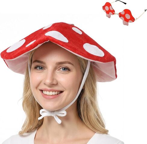 Red Mushroom Costume with Mushroom Hat Glasses Cosplay Accessories Party Lightweight Cap Women for Halloween in Kuwait