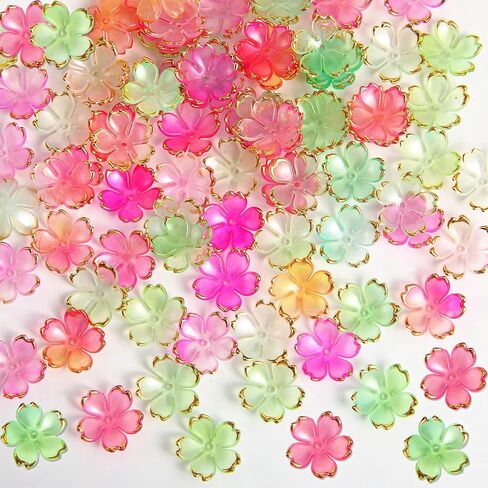100PCS Cherry Blossom Acrylic Flower Beads for Bracelets,Ymapinc Flower Charms for Jewelry Making, Gold-Plated Mini Spacer 5-Petal Flower Beads Charms, Blue Purple Gradient and Pale Pink Gradient in Saudi Arabia