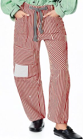 Barrel Jeans for Women Striped Drawstring Patchwork Pants Wide Leg Boyfriend Denim Pants in Saudi Arabia