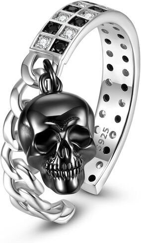 Skull Ring for Men Women 925 Sterling Silver Black Skull Gothic Punk Biker Irregular Rings for Her Him Unisex Couple Gifts, Adjustable in Kuwait