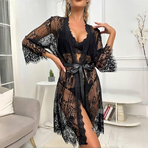 Women Kimono Robe Floral Lace Babydoll Lingerie Sexy Sheer Mesh Nightgown in Saudi Arabia
