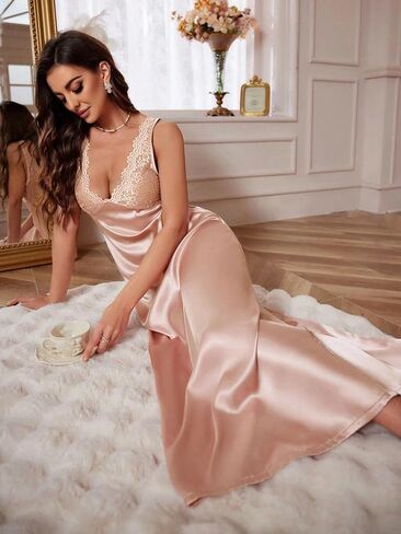 Womens Sleeveless Sleep Dress Long Nightdress Solid Color Camisole Sleepwear Slip Style Home Nightgown with Soft Flowing in Saudi Arabia