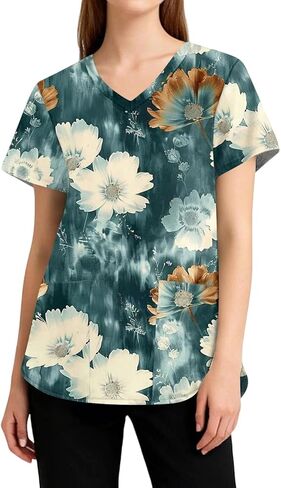 Womens V Neck Printed Scrub Tops Plus Size Medical Nursing Tops Scrubs with Pocket S-5XL in Saudi Arabia