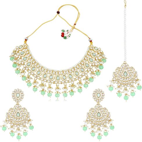 Aheli Silver Plated Kundan & Mint Beads Studded Choker Necklace Dangle Earrings & Maangtikka Set Ethnic Jewellery Gift for Women in Saudi Arabia