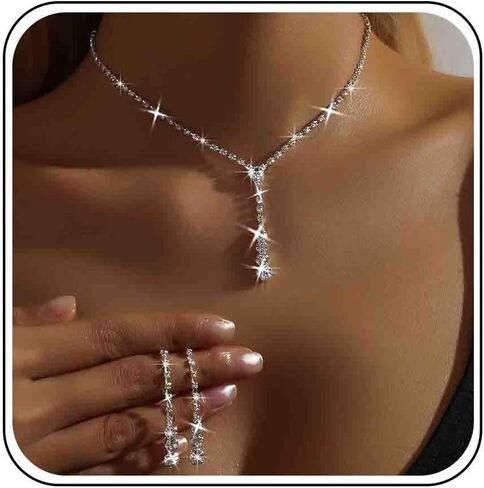 Wedding Necklace and Earring Set Silver Long Rhinestone Dangle Earrings Dainty Diamond Cubic Zirconia Bridal Chain Sparkly Crystal Tiny Y Drop Lariat Cz Pendant Choker Statement Bridesmaid for Women in Saudi Arabia
