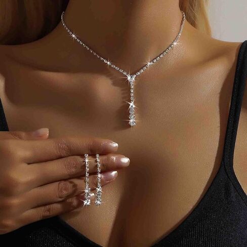 Wedding Necklace and Earring Set Silver Long Rhinestone Dangle Earrings Dainty Diamond Cubic Zirconia Bridal Chain Sparkly Crystal Tiny Y Drop Lariat Cz Pendant Choker Statement Bridesmaid for Women in Saudi Arabia