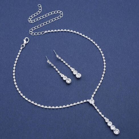 Wedding Necklace and Earring Set Silver Long Rhinestone Dangle Earrings Dainty Diamond Cubic Zirconia Bridal Chain Sparkly Crystal Tiny Y Drop Lariat Cz Pendant Choker Statement Bridesmaid for Women in Saudi Arabia