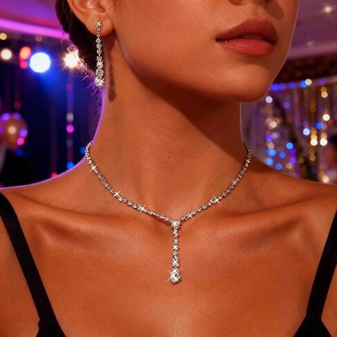 Wedding Necklace and Earring Set Silver Long Rhinestone Dangle Earrings Dainty Diamond Cubic Zirconia Bridal Chain Sparkly Crystal Tiny Y Drop Lariat Cz Pendant Choker Statement Bridesmaid for Women in Saudi Arabia