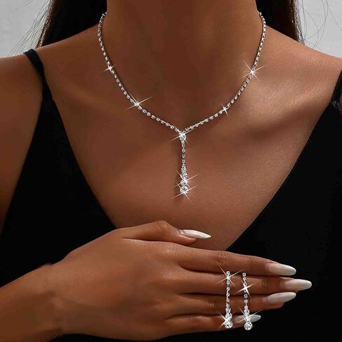 Wedding Necklace and Earring Set Silver Long Rhinestone Dangle Earrings Dainty Diamond Cubic Zirconia Bridal Chain Sparkly Crystal Tiny Y Drop Lariat Cz Pendant Choker Statement Bridesmaid for Women in Saudi Arabia
