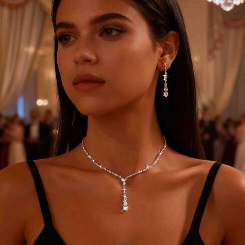 Wedding Necklace and Earring Set Silver Long Rhinestone Dangle Earrings Dainty Diamond Cubic Zirconia Bridal Chain Sparkly Crystal Tiny Y Drop Lariat Cz Pendant Choker Statement Bridesmaid for Women in Saudi Arabia
