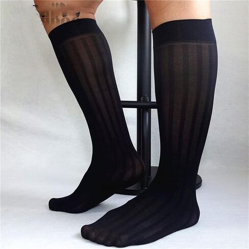 GAOGAO Super Thin Men's Stripe Dress Socks Sweat Absorbing Knee High Socks Business Over The Calf Stocking in Saudi Arabia
