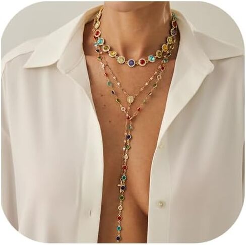 3Pcs Gold Rhinestone Choker Necklace Set Long Colorful Crystal Clavicle Chain Necklace Gothic Hip Hop Cross Pendant Tassel Body Chain Jewelry for Women in Saudi Arabia