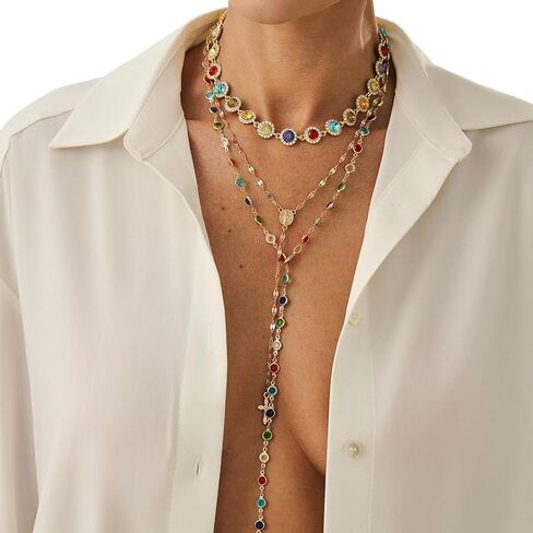 3Pcs Gold Rhinestone Choker Necklace Set Long Colorful Crystal Clavicle Chain Necklace Gothic Hip Hop Cross Pendant Tassel Body Chain Jewelry for Women in Saudi Arabia