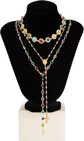 3Pcs Gold Rhinestone Choker Necklace Set Long Colorful Crystal Clavicle Chain Necklace Gothic Hip Hop Cross Pendant Tassel Body Chain Jewelry for Women in Saudi Arabia