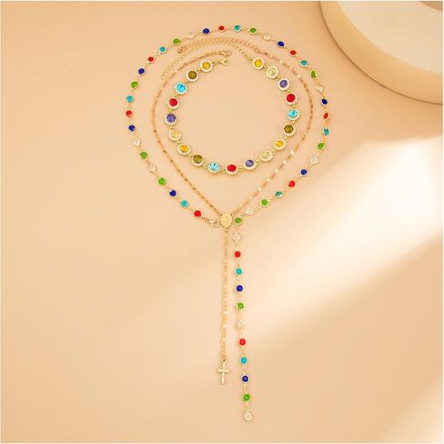 3Pcs Gold Rhinestone Choker Necklace Set Long Colorful Crystal Clavicle Chain Necklace Gothic Hip Hop Cross Pendant Tassel Body Chain Jewelry for Women in Saudi Arabia