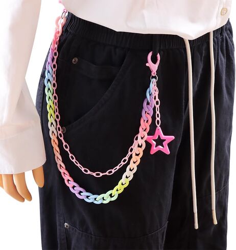 Y2k Rainbow Large Star Charm Acrylic Pants Trousers Chain for Women Men Hip Hop Colorful Double Layer Creative Rock Wallet Belt Pocket Waist Jeans Belly Chains Candy Color Backpack Body Accessories in Saudi Arabia