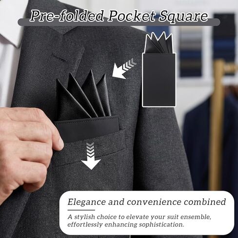 Mens Prefolded Pocket Squares,Black Suit Pocket Squares on Card Pockets,Solid Polyester Handkerchief for Party Banquet Prom Wedding in Saudi Arabia
