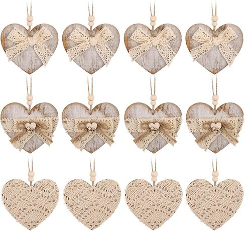 Valentines Day Decorations Tree Ornaments: Rustic Wood Heart Valentine Tree Decorations Set of 12, Natural Boho Heart Ornaments with Jute Lace Bows, Vintage Valentines Decor for Home Office Wedding in Saudi Arabia