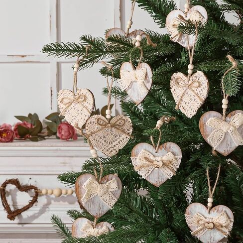 Valentines Day Decorations Tree Ornaments: Rustic Wood Heart Valentine Tree Decorations Set of 12, Natural Boho Heart Ornaments with Jute Lace Bows, Vintage Valentines Decor for Home Office Wedding in Saudi Arabia