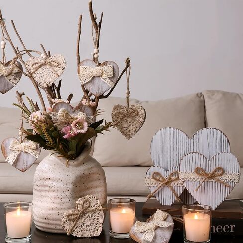 Valentines Day Decorations Tree Ornaments: Rustic Wood Heart Valentine Tree Decorations Set of 12, Natural Boho Heart Ornaments with Jute Lace Bows, Vintage Valentines Decor for Home Office Wedding in Saudi Arabia