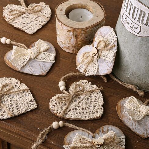 Valentines Day Decorations Tree Ornaments: Rustic Wood Heart Valentine Tree Decorations Set of 12, Natural Boho Heart Ornaments with Jute Lace Bows, Vintage Valentines Decor for Home Office Wedding in Saudi Arabia