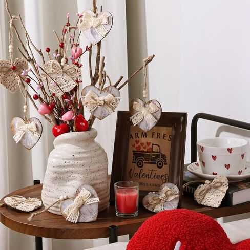 Valentines Day Decorations Tree Ornaments: Rustic Wood Heart Valentine Tree Decorations Set of 12, Natural Boho Heart Ornaments with Jute Lace Bows, Vintage Valentines Decor for Home Office Wedding in Saudi Arabia