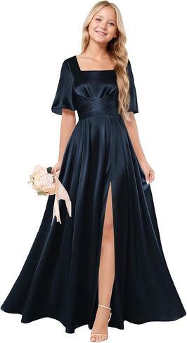 Square Neck Junior Bridesmaid Dress Satin Flower Girl Dresses for Wedding Short Sleeves Girls Formal Dress in Saudi Arabia