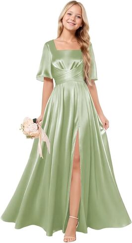 Square Neck Junior Bridesmaid Dress Satin Flower Girl Dresses for Wedding Short Sleeves Girls Formal Dress in Saudi Arabia