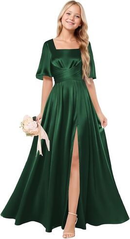 Square Neck Junior Bridesmaid Dress Satin Flower Girl Dresses for Wedding Short Sleeves Girls Formal Dress in Saudi Arabia