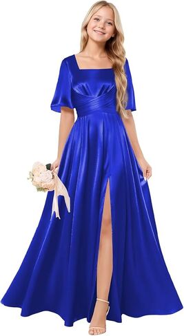 Square Neck Junior Bridesmaid Dress Satin Flower Girl Dresses for Wedding Short Sleeves Girls Formal Dress in Saudi Arabia