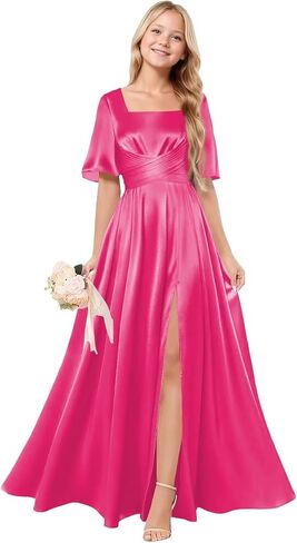Square Neck Junior Bridesmaid Dress Satin Flower Girl Dresses for Wedding Short Sleeves Girls Formal Dress in Saudi Arabia