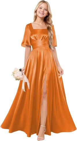 Square Neck Junior Bridesmaid Dress Satin Flower Girl Dresses for Wedding Short Sleeves Girls Formal Dress in Saudi Arabia